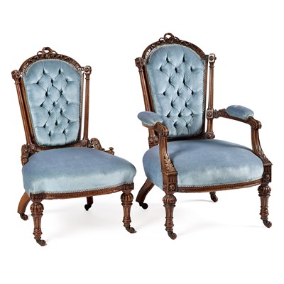 Lot 742 - A PAIR OF VICTORIAN WALNUT LADY'S AND GENTLEMAN'S DRAWING ROOM CHAIRS