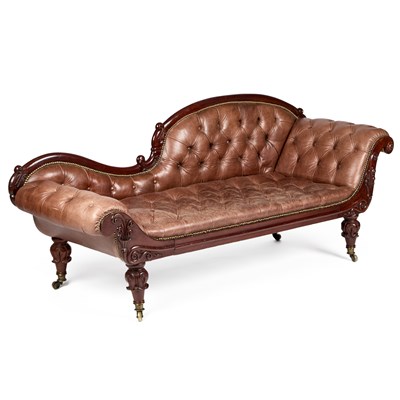 Lot 766 - A WILLIAM IV MAHOGANY AND BROWN LEATHER UPHOLSTERED CHAISE LONGUE