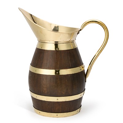 Lot 754 - A LATE VICTORIAN BRASS-MOUNTED COOPERED OAK PITCHER