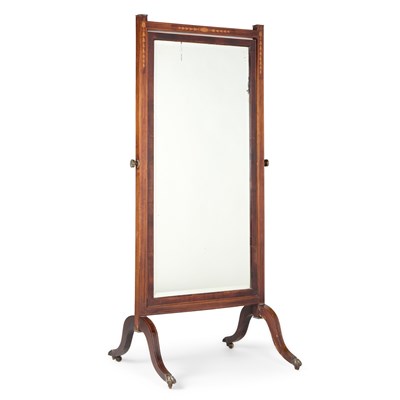 Lot 760 - AN EDWARDIAN INLAID MAHOGANY CHEVAL MIRROR