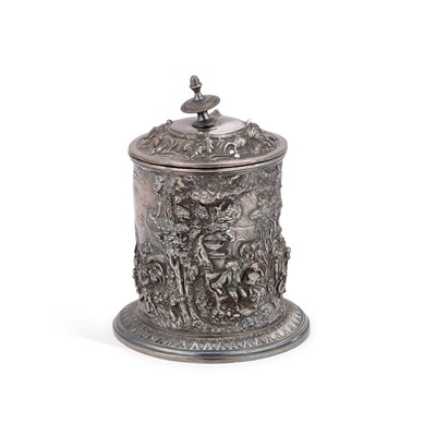 Lot 192 - A 19TH CENTURY SILVER-PLATED TOBACCO JAR AND COVER