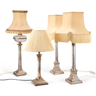 Lot 174 - A GROUP OF FOUR COUNTRY HOUSE SILVER-PLATED CORINTHIAN COLUMN TABLE LAMPS