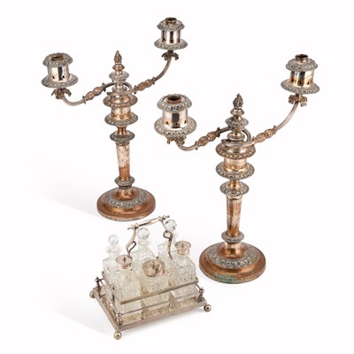Lot 195 - A PAIR OF 19TH CENTURY SILVER-PLATED CANDELABRA AND A SILVER-PLATED CUT-GLASS SIX-BOTTLE CRUET SET
