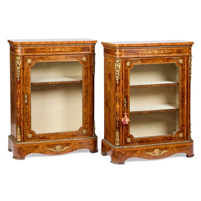 Lot 759 - A FINE PAIR OF 19TH CENTURY GILT-METAL, INLAID AND BURR WALNUT PIER CABINETS