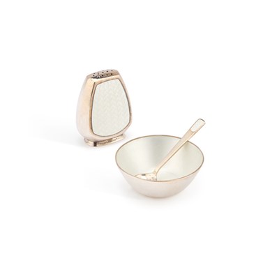 Lot 219 - A MID-20TH CENTURY DANISH STERLING SILVER AND GUILLOCHÉ ENAMEL CRUET SET