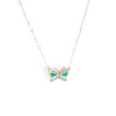 Lot 338 - A 9 CARAT GOLD GREEN PLIQUE-A-JOUR ENAMEL BUTTERFLY PENDANT NECKLACE