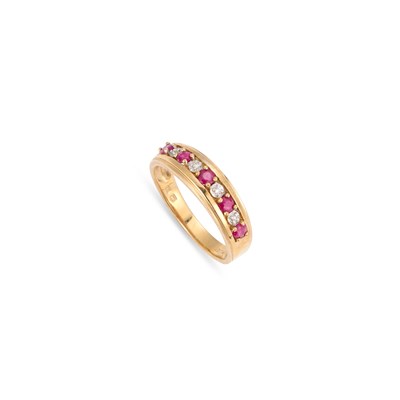 Lot 297 - A 9 CARAT GOLD RUBY AND DIAMOND HALF HOOP RING
