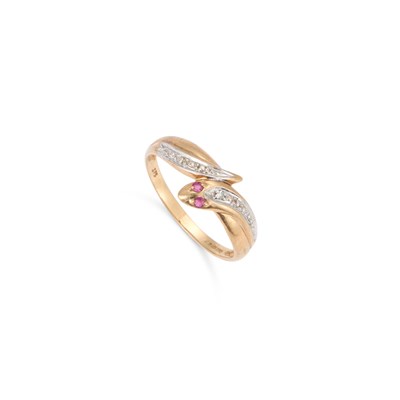 Lot 265 - A 9 CARAT GOLD RUBY AND DIAMOND SNAKE RING