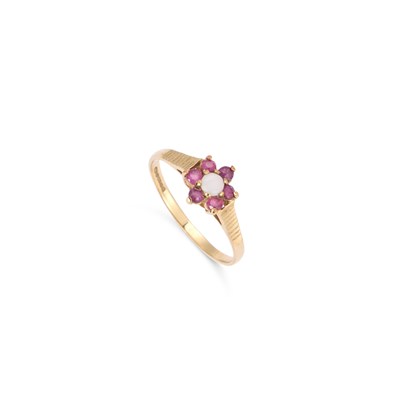 Lot 358 - A 9 CARAT GOLD RUBY AND OPAL CLUSTER RING