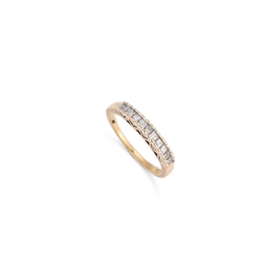 Lot 275 - A 9 CARAT GOLD PRINCESS-CUT DIAMOND HALF HOOP RING