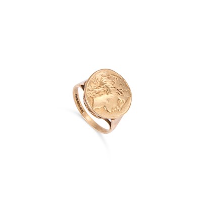 Lot 599 - A 9 CARAT GOLD GREEK COIN RING