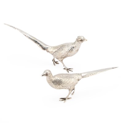 Lot 308 - A PAIR OF STERLING SILVER CAST MODELS OF PHEASANTS