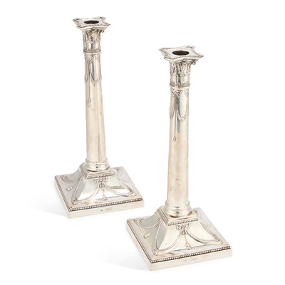 Lot 444 - A LARGE PAIR OF VICTORIAN SILVER COLUMNAR CANDLESTICKS