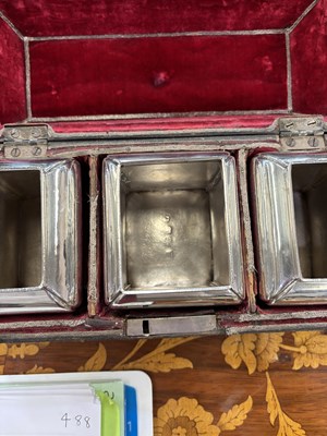 Lot 488 - A SET OF TWO CASED GEORGE III SILVER TEA CADDIES AND A SUGAR BOX