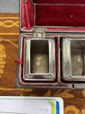 Lot 488 - A SET OF TWO CASED GEORGE III SILVER TEA CADDIES AND A SUGAR BOX