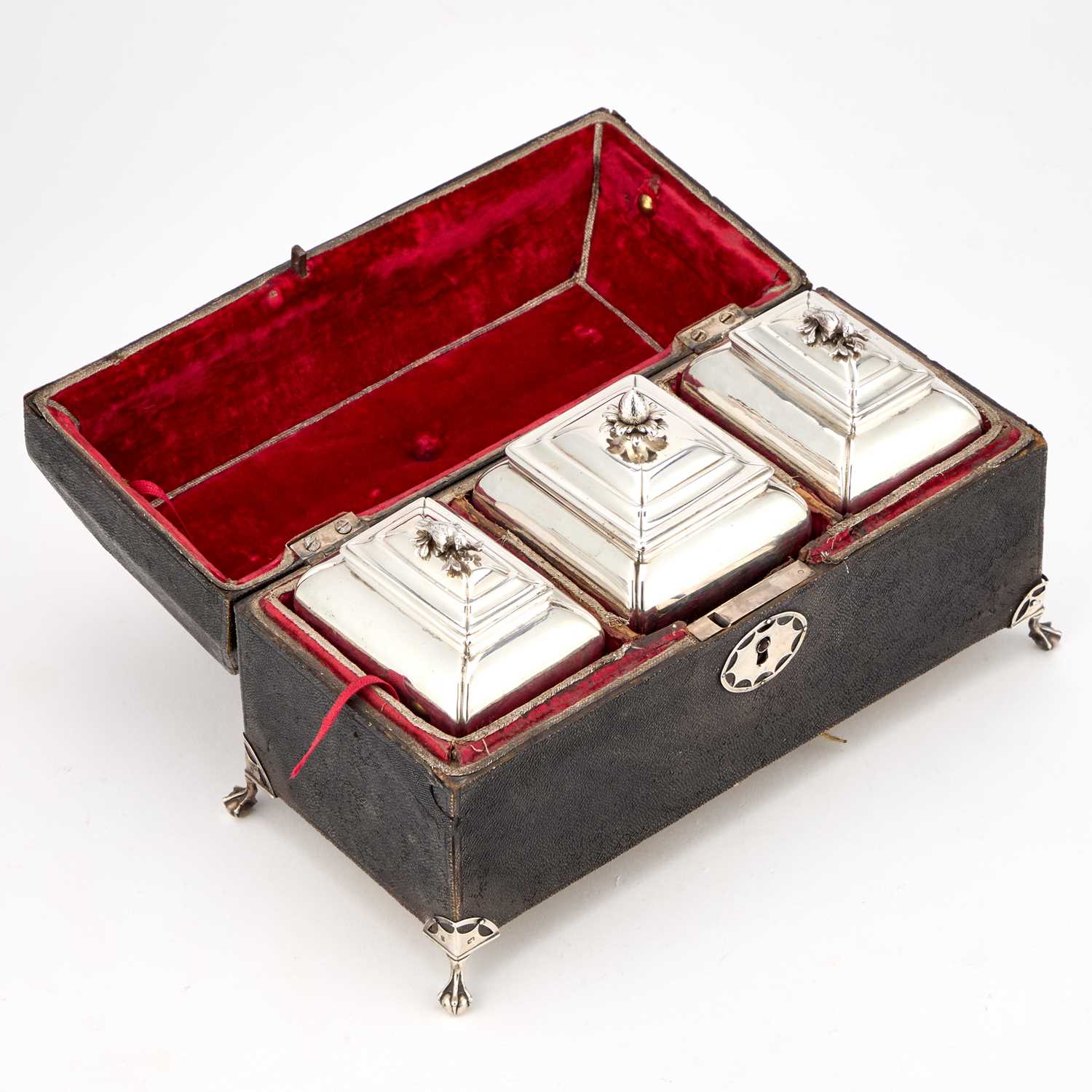 Lot A SET OF TWO CASED GEORGE III SILVER TEA CADDIES AND A SUGAR BOX