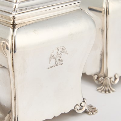 Lot A SET OF TWO CASED GEORGE III SILVER TEA CADDIES AND A SUGAR BOX
