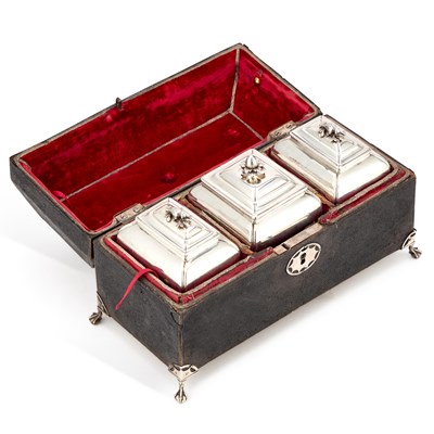 Lot A SET OF TWO CASED GEORGE III SILVER TEA CADDIES AND A SUGAR BOX