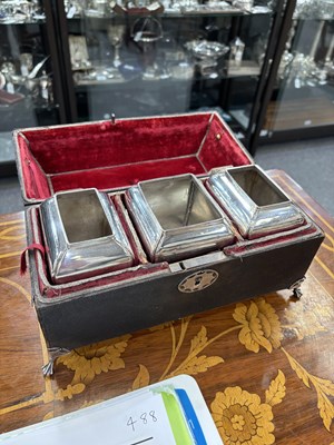 Lot 488 - A SET OF TWO CASED GEORGE III SILVER TEA CADDIES AND A SUGAR BOX