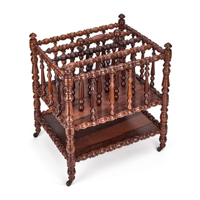 Lot 647 - A 19TH CENTURY ROSEWOOD BOBBIN-TURNED CANTERBURY