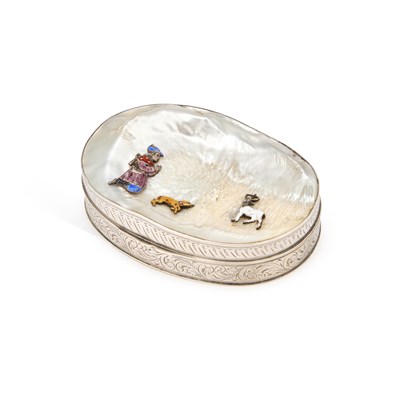 Lot 157 - AN AUSTRO-HUNGARIAN SILVER, MOTHER-OF-PEARL AND ENAMEL SNUFF BOX