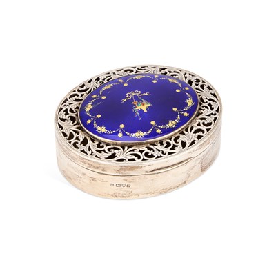 Lot 388 - A GEORGE V SILVER AND ENAMEL POTPOURRI BOX