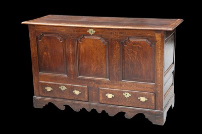 Lot 391 - AN 18TH CENTURY MAHOGANY-BANDED OAK MULE CHEST