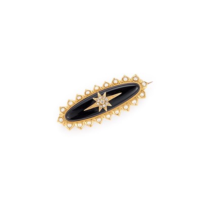 Lot 581 - A VICTORIAN ONYX , DIAMOND AND SEED PEARL MEMORIAL BROOCH