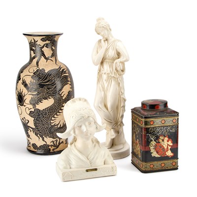 Lot 456 - A LARGE JAPANESE BALUSTER VASE, A COMPOSITION BUST, A COMPOSITION FIGURE AND A TIN TEA CANISTER