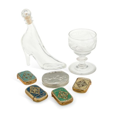 Lot 177 - FOUR BRASS AND ENAMEL VESTA CASES, A JAMES DIXON CORNISH PEWTER SNUFF BOX AND TWO PIECES OF GLASS