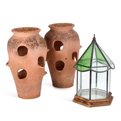 Lot 534 - A PAIR OF TERRACOTTA STRAWBERRY POTS AND A LEAD-GLAZED LANTERN