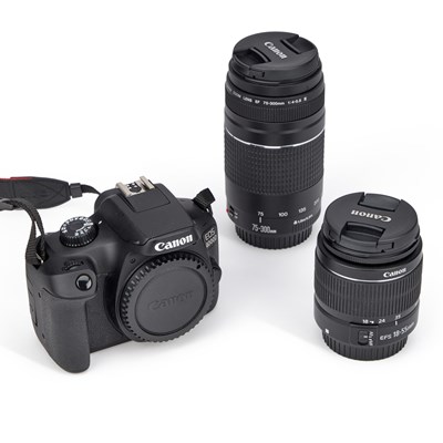 Lot 628 - A CANON EOS 4000D DSLR CAMERA BODY AND TWO CANON LENSES