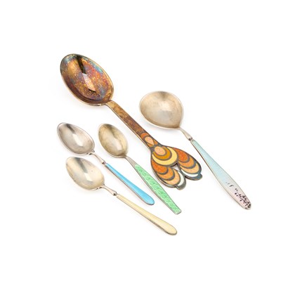Lot 394 - FIVE SILVER AND ENAMEL SPOONS