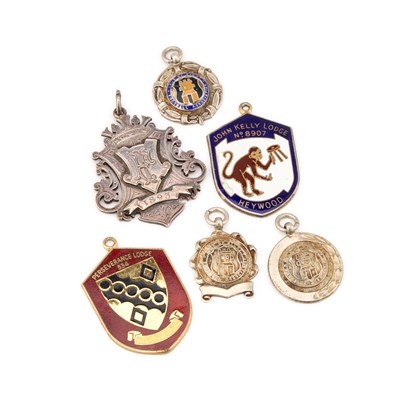 Lot 386 - SIX SILVER FOBS/ MEDALLIONS