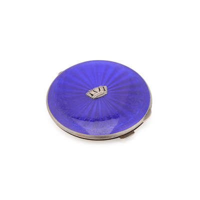 Lot 337 - AN ELIZABETH II SILVER AND ENAMEL COMPACT
