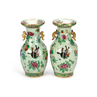 Lot 75 - A NEAR PAIR OF 19TH CENTURY CHINESE FAMILLE ROSE CELADON-GROUND PORCELAIN VASES