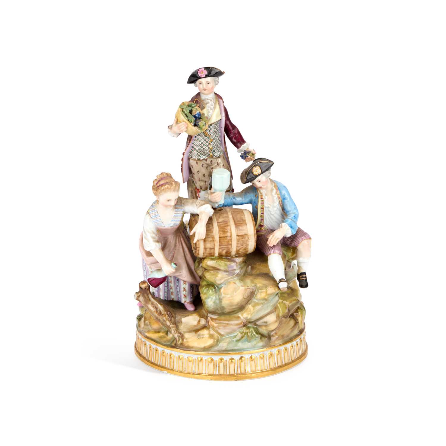 Lot 43 - A 19TH CENTURY MEISSEN FIGURE GROUP OF THE THREE WINEMAKERS