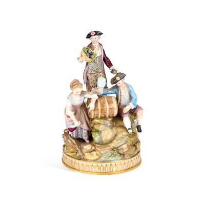 Lot 43 - A 19TH CENTURY MEISSEN FIGURE GROUP OF THE THREE WINEMAKERS