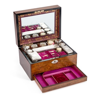 Lot 796 - A 19TH CENTURY ROSEWOOD CASED TRAVELLING TOILET SET