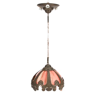 Lot 621 - AN EARLY 20TH CENTURY BRASS AND FABRIC PENDANT LIGHT