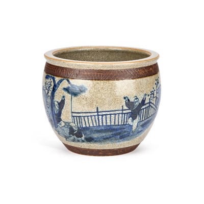Lot 142 - A CHINESE BLUE AND WHITE CRACKLE-GLAZED JARDINIERE