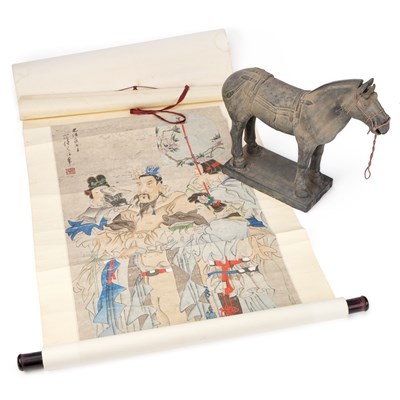 Lot 135 - A CHINESE SCROLL PICTURE TOGETHER WITH A TANG STYLE HORSE