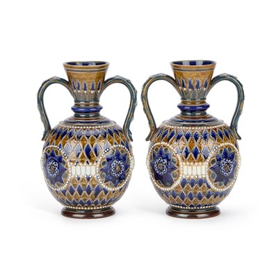 Lot 81 - A PAIR OF DOULTON LAMBETH STONEWARE TWO HANDLED VASES