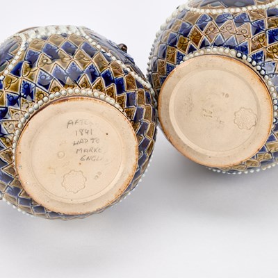 Lot 81 - A PAIR OF DOULTON LAMBETH STONEWARE TWO HANDLED VASES