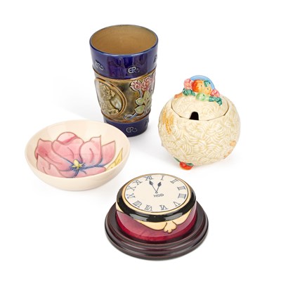 Lot 113 - A ROYAL DOULTON STONEWARE BEAKER TOGETHER WITH TWO PIECES OF MOORCROFT AND A CLARICE CLIFF PRESERVE POT
