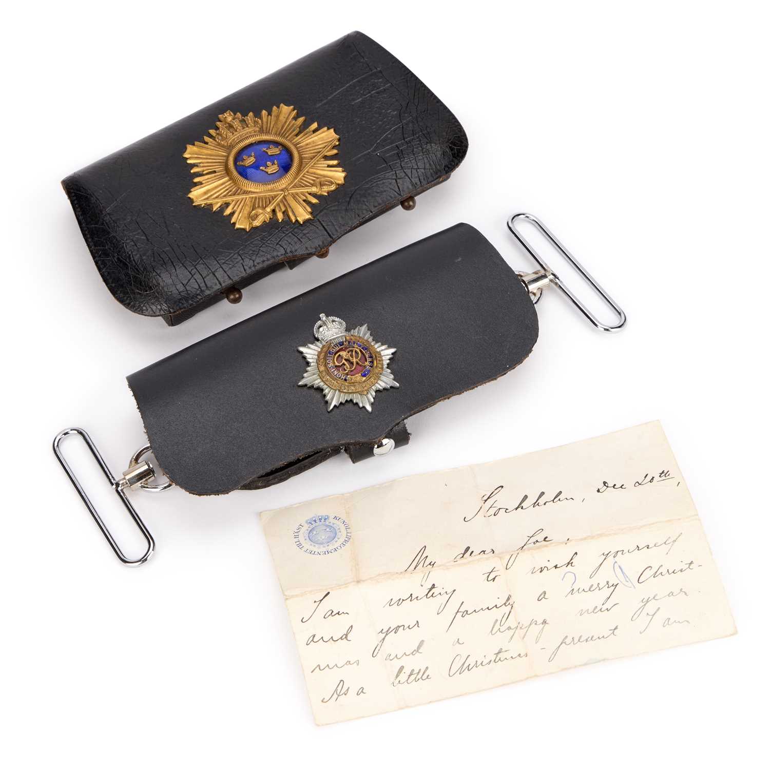 Lot 43 - A SWEDISH KING'S LIFE DRAGOONS OFFICER'S DRESS POUCH AND LETTER
