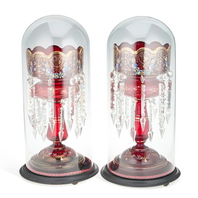 Lot 7 - A LARGE PAIR OF 19TH CENTURY ENAMEL PAINTED RUBY GLASS TABLE LUSTRES