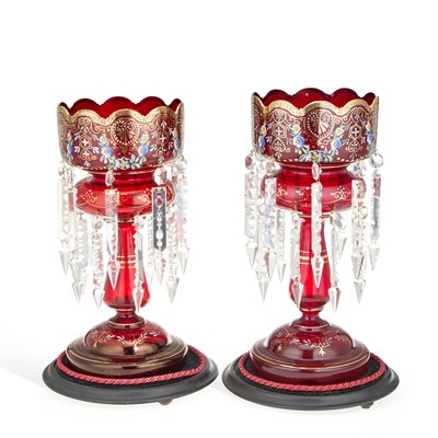 Lot 7 - A LARGE PAIR OF 19TH CENTURY ENAMEL PAINTED RUBY GLASS TABLE LUSTRES
