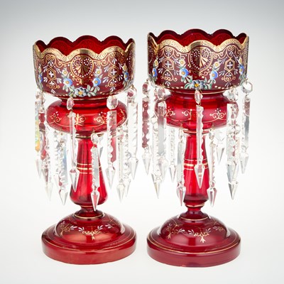 Lot 7 - A LARGE PAIR OF 19TH CENTURY ENAMEL PAINTED RUBY GLASS TABLE LUSTRES