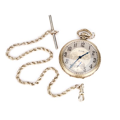 Lot 506 - A 14K GOLD FILLED POCKET WATCH AND ALBERT CHAIN